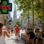 Menschen suchen während einer Hitzewelle Schutz vor extremer Sommerhitze in einer aufgeheizten Innenstadt.
