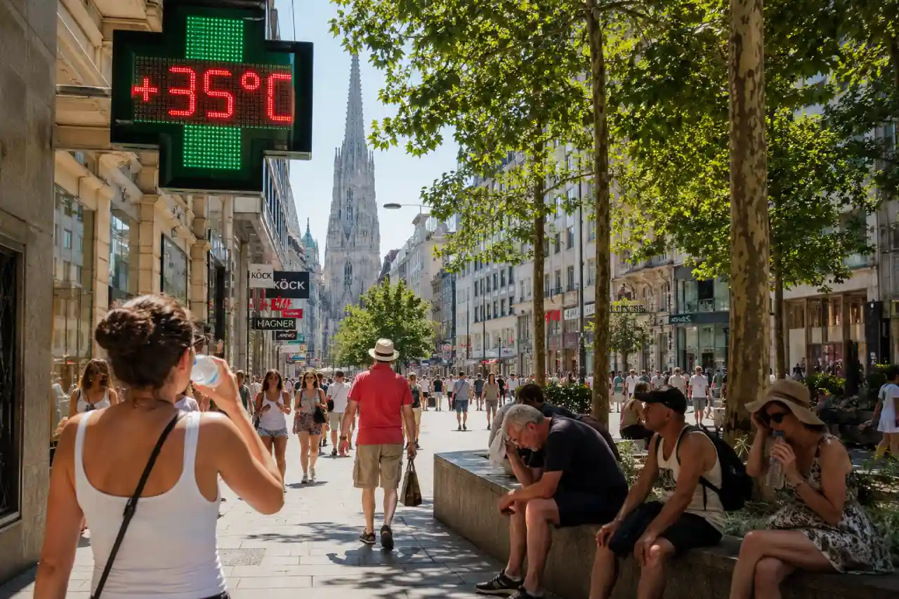 Menschen suchen während einer Hitzewelle Schutz vor extremer Sommerhitze in einer aufgeheizten Innenstadt.