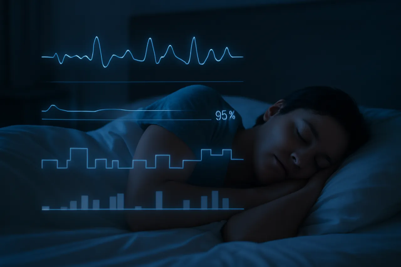 Obstruktive Schlafapnoe und moderne Schlafdiagnostik - Schlafende Person in Seitenlage, digitale Atemkurven und Sauerstoffwerte als Overlay